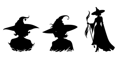Naklejka premium Halloween Witch with Hat: Vector Set Collection. Classic Halloween Witch Silhouette and Isolated Black Icon Scare Set