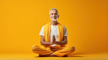 Poster Handsome man in white meditating in lotus pose. Hare Krishna on yellow background © PaulShlykov