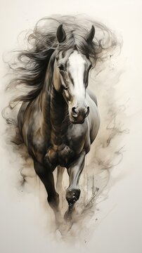 Drawing of a horse. Black and white charcoal