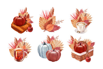 Watercolor set pumpkin with leaves in basket. Hand-drawn illustration isolated on white background. Perfect for menu cafe, template natural food, cooking, packing food, card thanksgiving