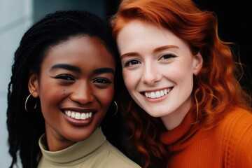 Cheerful girls embracing each other, happy gay multiethnic couple smiling happily and feeling love. Two women ethnic friends. Lesbian, freedom and pride lgbt people lifestyle concept - obrazy, fototapety, plakaty