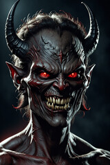 Obraz premium A close up of the devil's face: scary, fanged, red eyes, dark aura