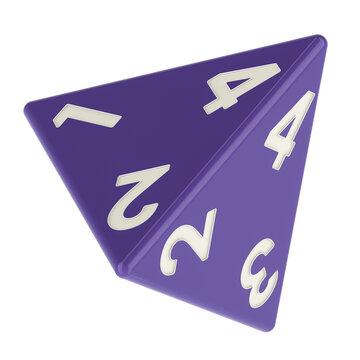 4 sided die, tetrahedron dice, violet color. 3D rendering isolated on transparent background