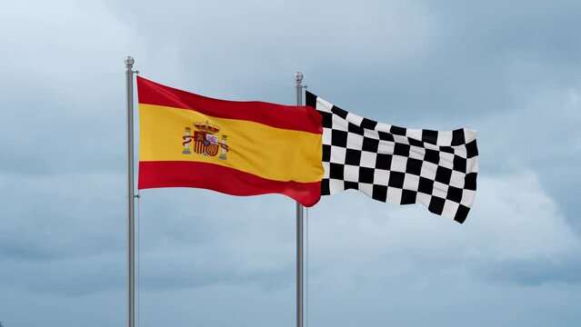 Spain flag and racing checkered flag waving together on cloudy sky, endless seamless loop