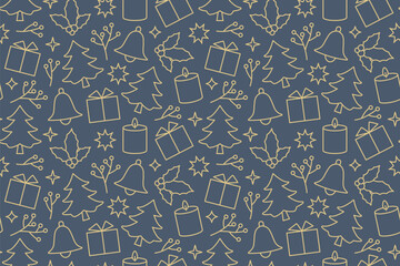 golden seamless christmas pattern with present, fir tree, candle, star, holly berry, bell; great for wrapping paper, wallpaper, greeting card- vector illustration