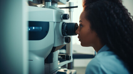 Eye doctor with female patient during an examination in modern clinic. Ophthalmologist is using special medical equipment for eye health saving and improving.