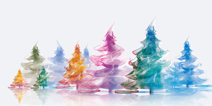 Colorful transparent glass christmas trees on white background. Illustration. Banner.
