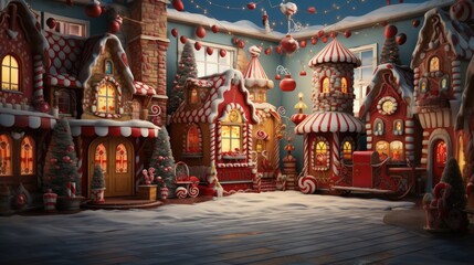 Christmas backdrop for photo studio, room with toys and snow - obrazy, fototapety, plakaty