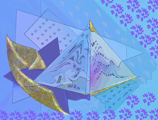 Outerspace objects blues gold patterns interesting