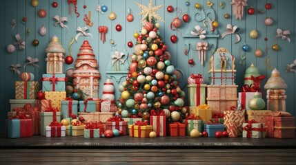 Christmas backdrop for photo studio, room with christmas tree and presents - obrazy, fototapety, plakaty