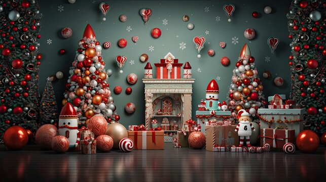 Christmas backdrop for photo studio, christmas tree,  presents and toys
