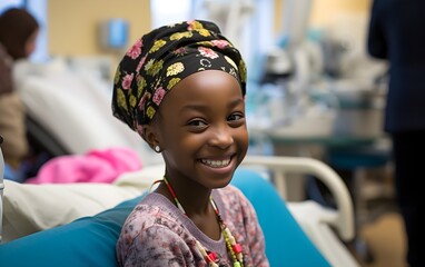 African girl smiling after chemotherapy in hospital. Oncology treatment for kids. Cancer diagnostics 