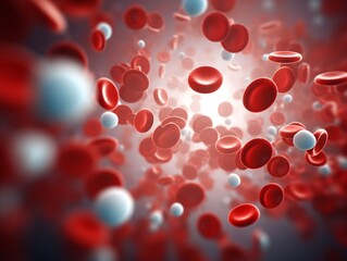 Red and white blood cells , and platelets  in blood stream. Plasma fluid visualisation. Low blood oxygen levels concept. Erythrocytosis or myeloproliferative neoplasm.
