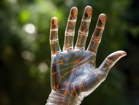 Glass transparent human hand  against green foliage background. Liquid human arm. Ecoverse concept.Neon orange lines of energy. X ray concept.