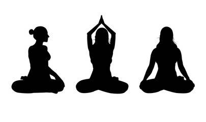 Set of female silhouettes doing yoga asanas. Vector illustration poses of yoga isolated on white background. Set yoga icon, icons. Silhouette of woman doing yoga pose - obrazy, fototapety, plakaty