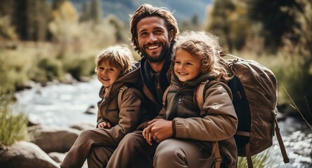 father and kids sitting on a bridge crossing mountain river
