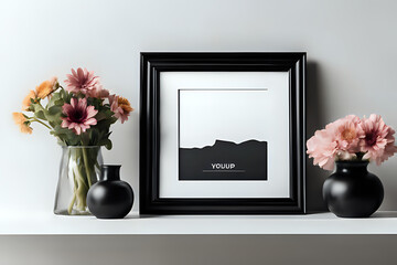 Landscape black picture frame mockup on shelf with flowers. Side view