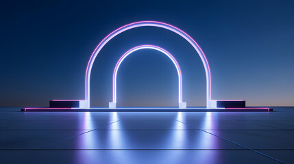 3d render of abstract futuristic arch architecture with neon light and empty concrete floor. - Powered by Adobe
