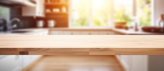Clean and bright kitchen background with a beautiful wooden table perfect for product montage
