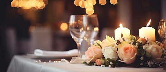 Candlelit tables with centerpieces at a restaurant wedding reception