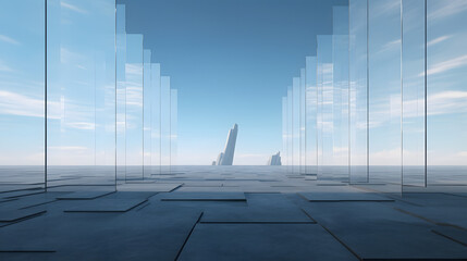 Fototapeta premium 3d render of abstract futuristic glass architecture with empty concrete floor.