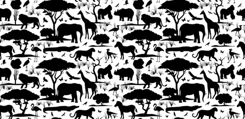 African animals in the habitat seamless pattern. Vector black silhouette illustration of wildlife on white background. Wild nature wallpaper.