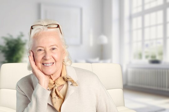 Portrait of happy old woman rest in cozy room, AI generated image