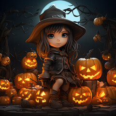 Fototapeta premium Halloween witch with pumpkins on dark background, 3D illustration, Ai Generated