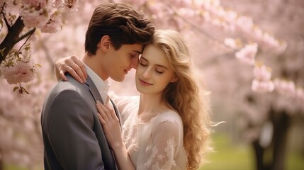 beautiful and lovely young couple sharing a moment under cherry blossom trees in full bloom, framed in soft pastels. generative AI