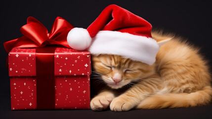 Naklejka premium red kitten in Santa Claus hat sleeping with a gift. ai generative