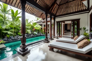 Fotobehang Luxury mansion house villa bali indonesia building with garden and pool. Tropical resort vacation or traveling concepts © indofootage