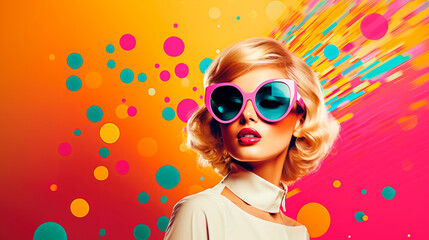 Fashion retro young woman on background with circle art - obrazy, fototapety, plakaty