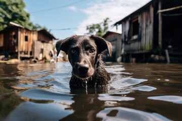 A frightened dog swims in the water of a flooded village