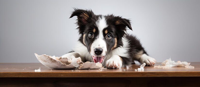 Border Collie puppy chews home furniture