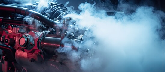 Car engine overheating and emitting smoke due to a short circuit or wiring issue - obrazy, fototapety, plakaty