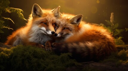 A visual representation of foxes in European mythology, with space for text. Background image, AI generated