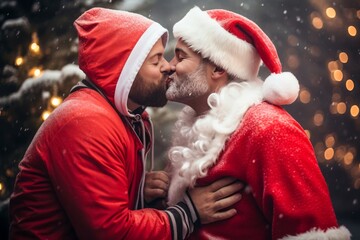 baiser entre deux homosexuels costumés en père noël. 