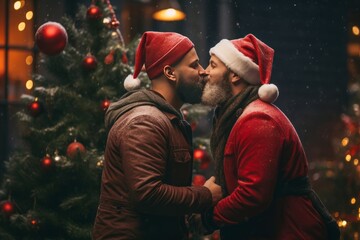 baiser gays entre deux homosexuels déguisés en Père Noël dans la rue