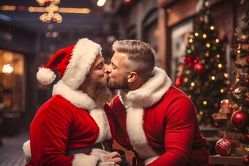 portrait d'un couple homosexuel costumé en habit de Père Noël s'embrassant dans la rue.