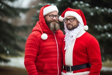 couple d'hommes homosexuels déguisés en Père Noël, s'enlaçant.