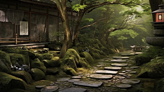 An artistic composition capturing the elegance of a Japanese tea garden with a stone path, bamboo fence, and tea house. Background image, AI generated