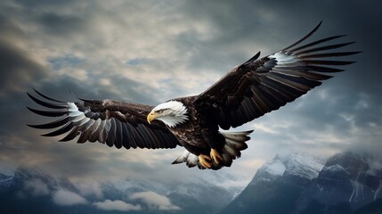 An image featuring a majestic eagle soaring in flight against a textured sky, with space for text. Background image, AI generated