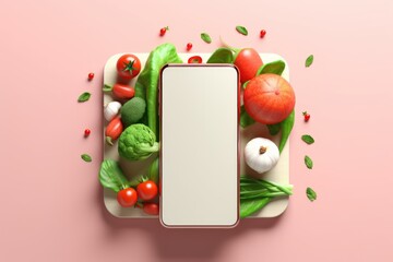 Smartphone with blank screen and fresh groceries. online grocery shopping app