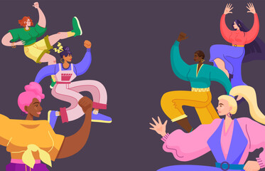Girl power and feminist movement concept. Happy women international team. You go girl. Strong women jumps. Gender equality and empowerment. Women's day. Cartoon flat vector illustration.