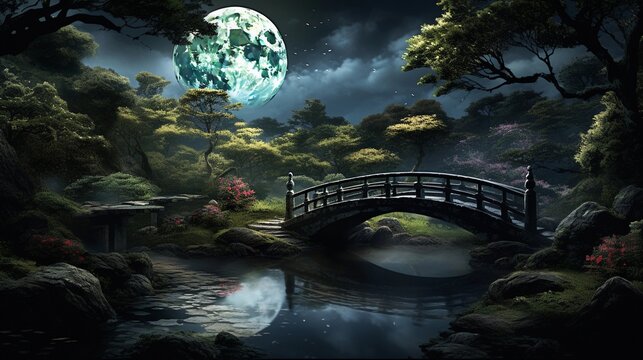 An image featuring a picturesque moon bridge in a Japanese garden, with a view of the surrounding landscape. Background image, AI generated