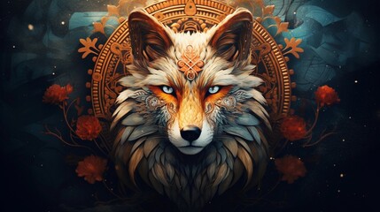 An image highlighting the fox's head in various folklore and mythology contexts with space for text. Background image, AI generated - obrazy, fototapety, plakaty