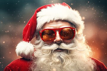 Portrait en gros plan du Père Noël avec des lunettes rouge. - obrazy, fototapety, plakaty