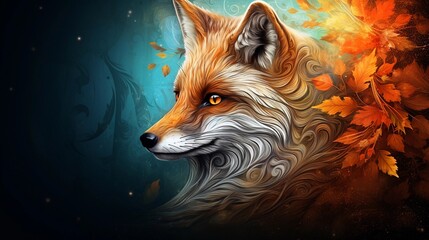 An image highlighting the fox's head in various folklore and mythology contexts with space for text. Background image, AI generated - obrazy, fototapety, plakaty