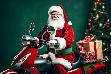 Père Noël en scooter avec des cadeaux dans un décor avec un sapin de noël.