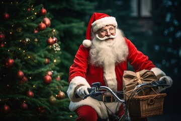 Père Noël à vélo passant devant un sapin de noël.